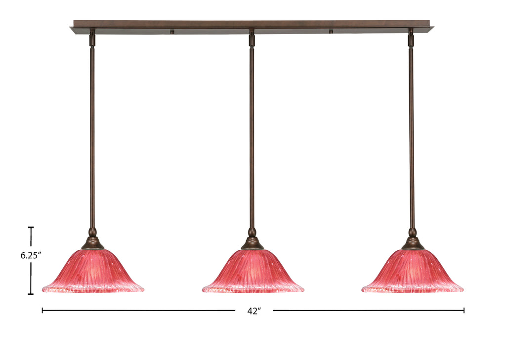 Any Three Light Linear Pendalier in Bronze with 10" Raspberry Crystal Shade