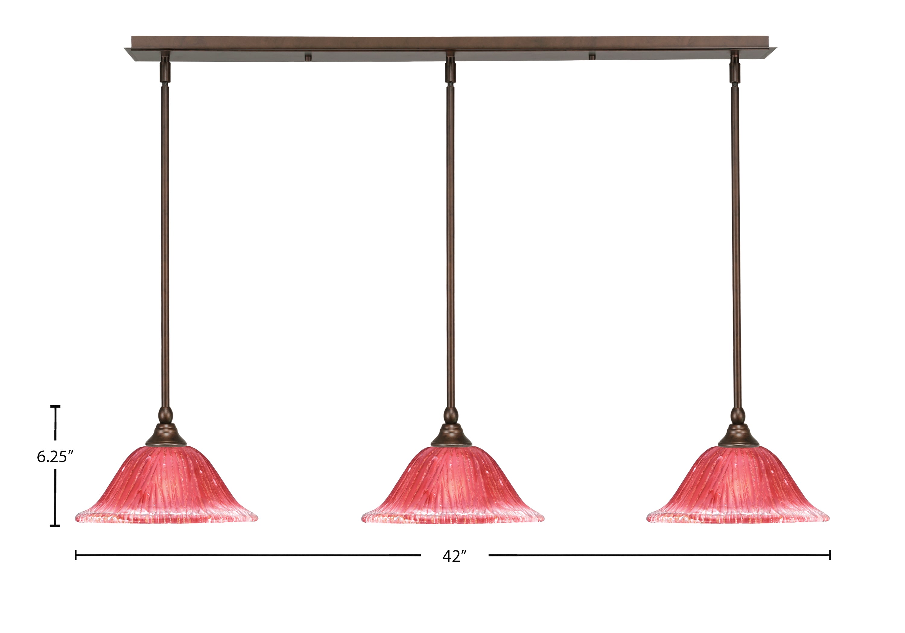 Any Three Light Linear Pendalier in Bronze with 10" Raspberry Crystal Shade