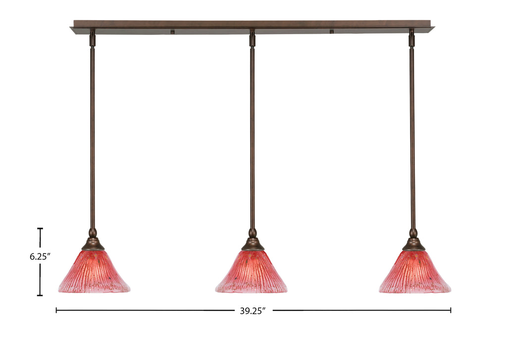 Any Three Light Linear Pendalier in Bronze with 7" Raspberry Crystal Shade