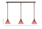 Any Three Light Linear Pendalier in Bronze with 7" Raspberry Crystal Shade