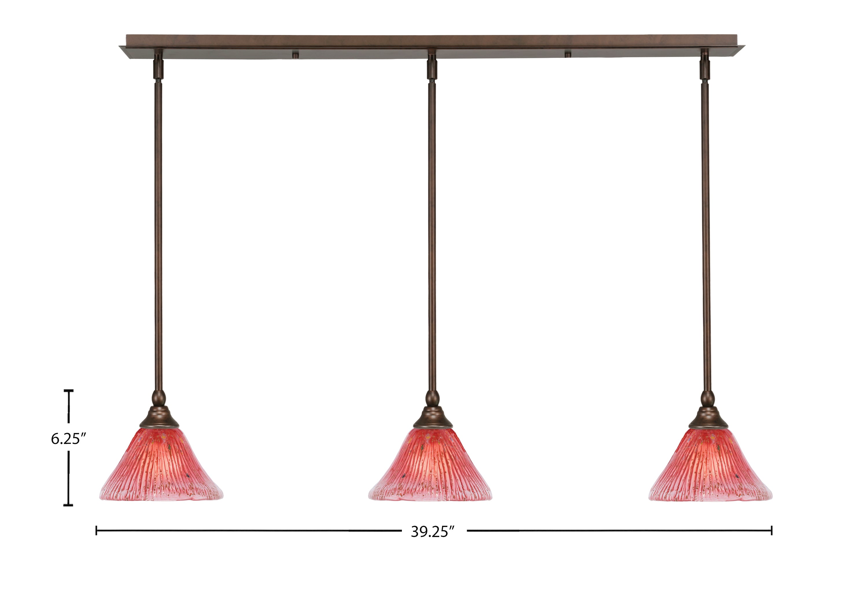 Any Three Light Linear Pendalier in Bronze with 7" Raspberry Crystal Shade