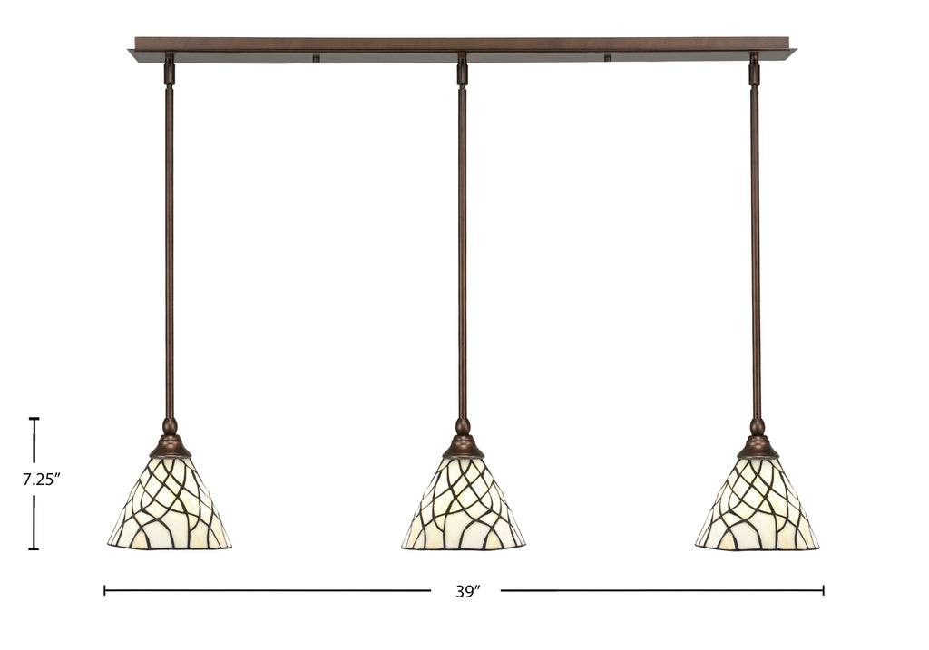 Any Three Light Linear Pendalier in Bronze with 7" Sandhill Art Glass Shade