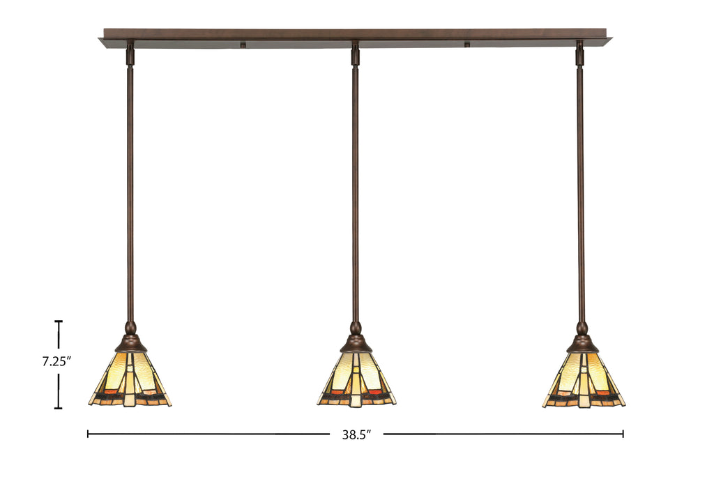 Stem Three Light Linear Pendalier in Bronze with Zion Art Glass Shade