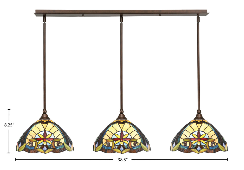 Stem Three Light Linear Pendalier in Bronze with Earth Star Art Glass Shade