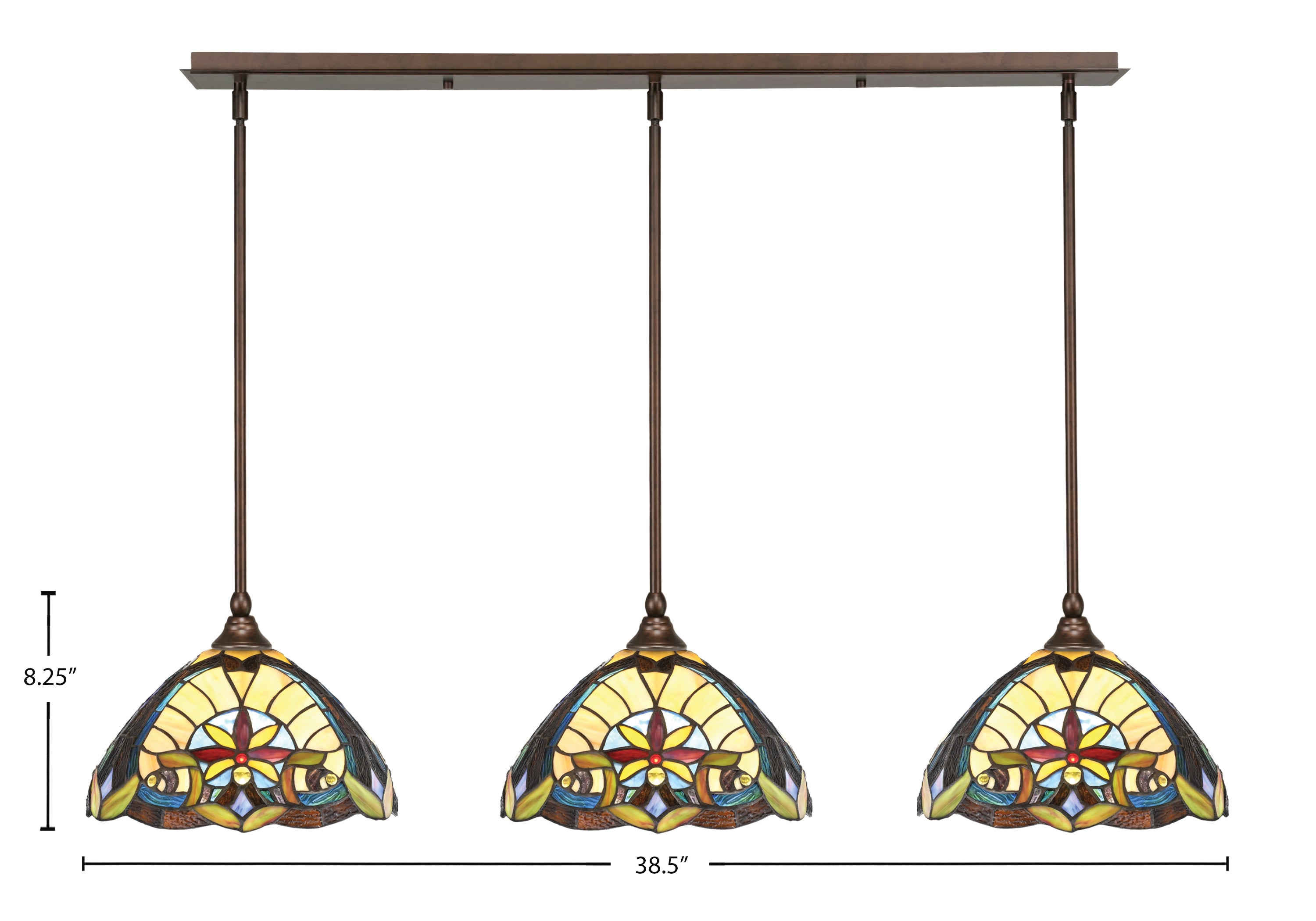 Stem Three Light Linear Pendalier in Bronze with Earth Star Art Glass Shade