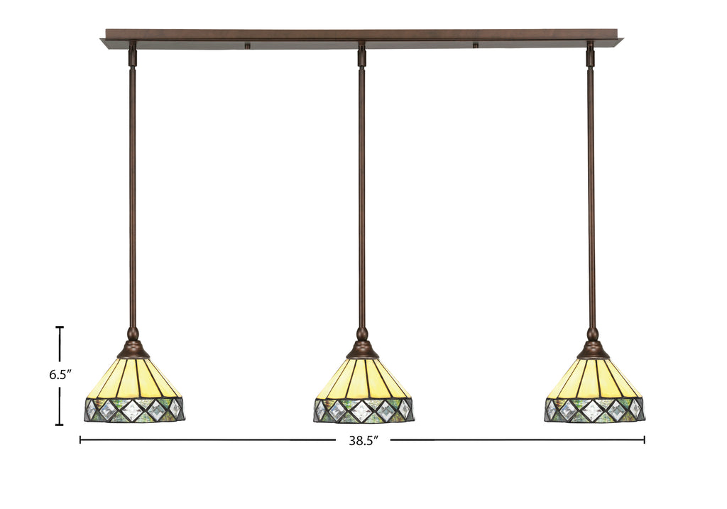Stem Three Light Linear Pendalier in Bronze with Diamond Peak Art Glass Shade