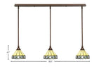 Stem Three Light Linear Pendalier in Bronze with Diamond Peak Art Glass Shade