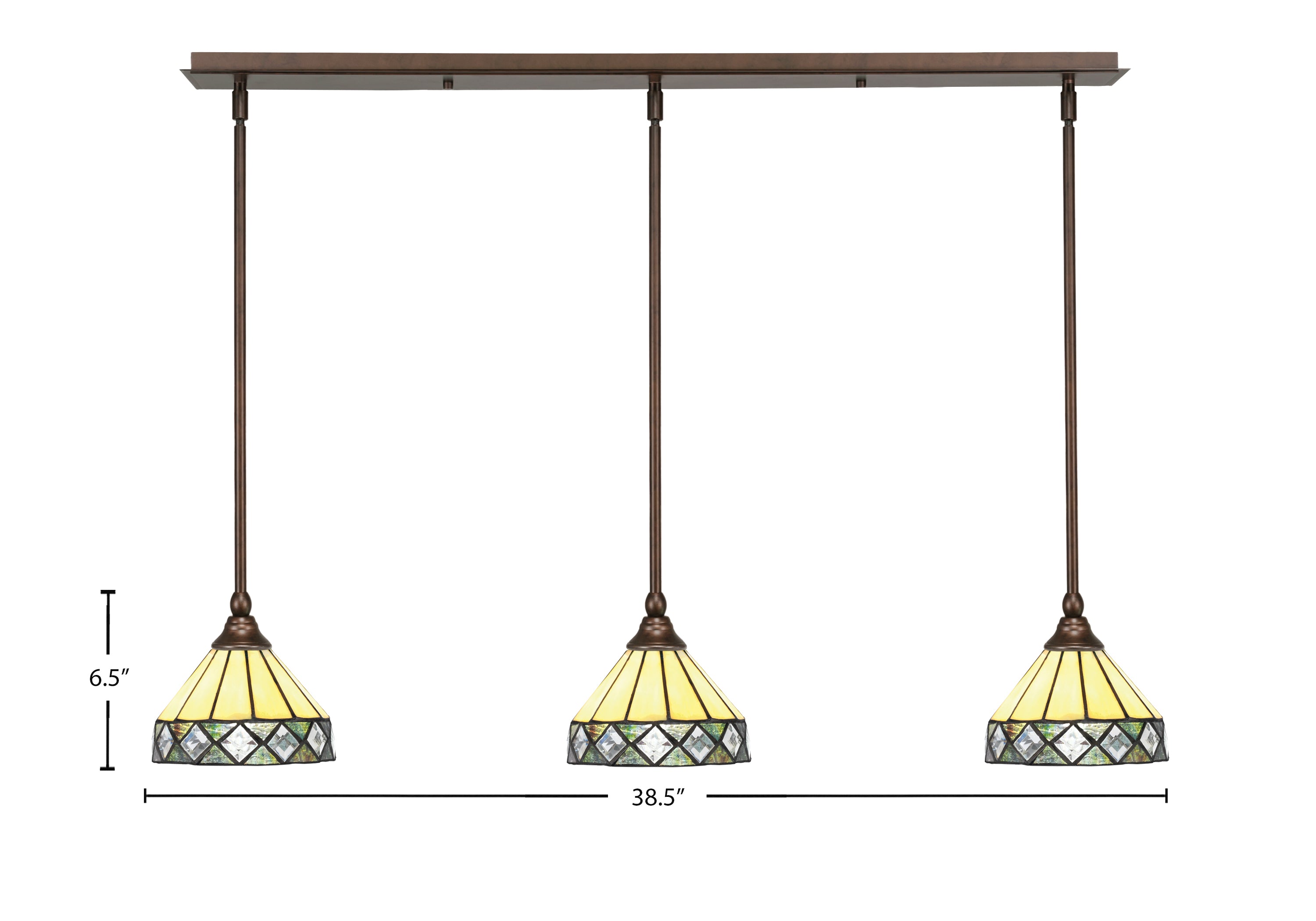 Stem Three Light Linear Pendalier in Bronze with Diamond Peak Art Glass Shade
