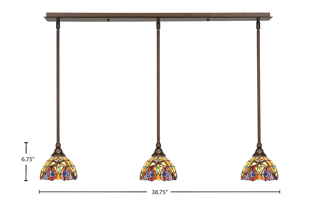 Stem Three Light Linear Pendalier in Bronze with Lynx Art Glass Shade