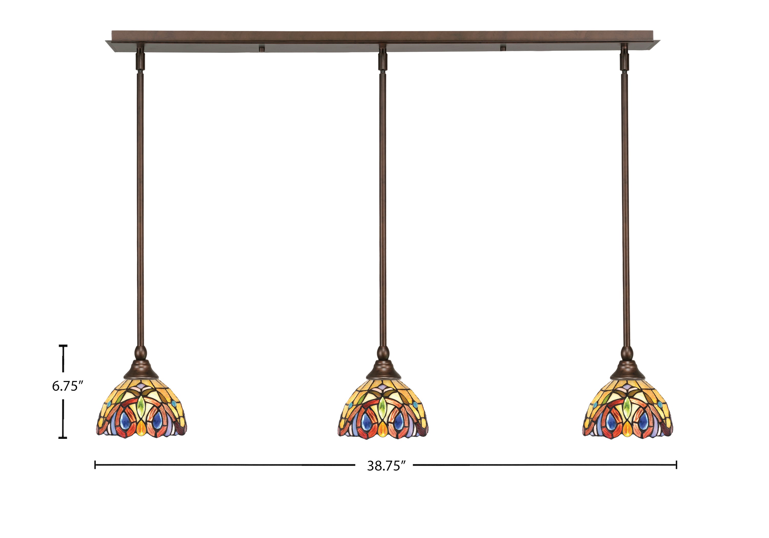 Stem Three Light Linear Pendalier in Bronze with Lynx Art Glass Shade