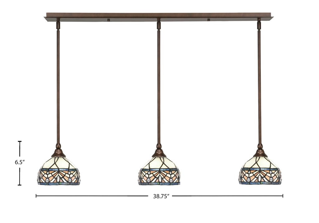 Any Three Light Linear Pendalier in Bronze with 7" Royal Merlot Art Glass Shade