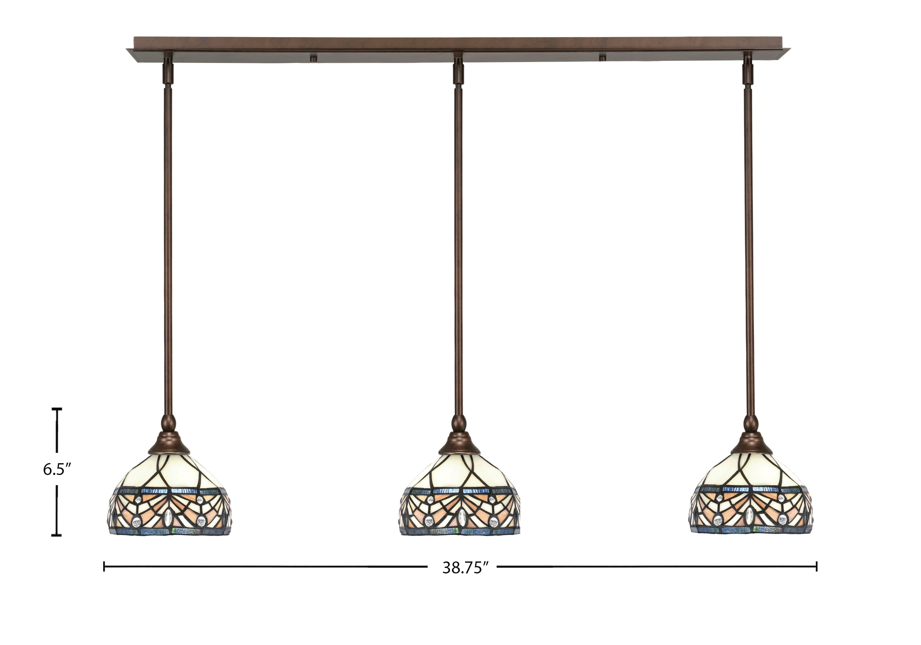 Any Three Light Linear Pendalier in Bronze with 7" Royal Merlot Art Glass Shade