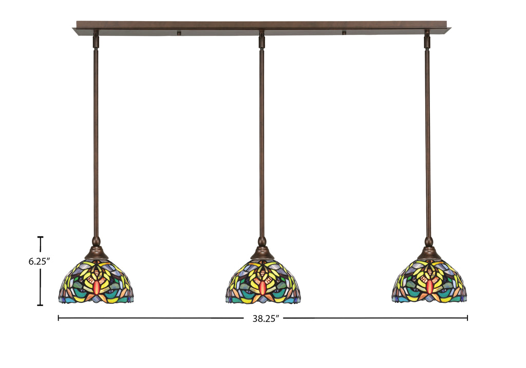 Any Three Light Linear Pendalier in Bronze with 7" Kaleidoscope Art Glass Shade