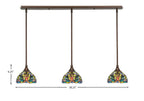 Any Three Light Linear Pendalier in Bronze with 7" Kaleidoscope Art Glass Shade