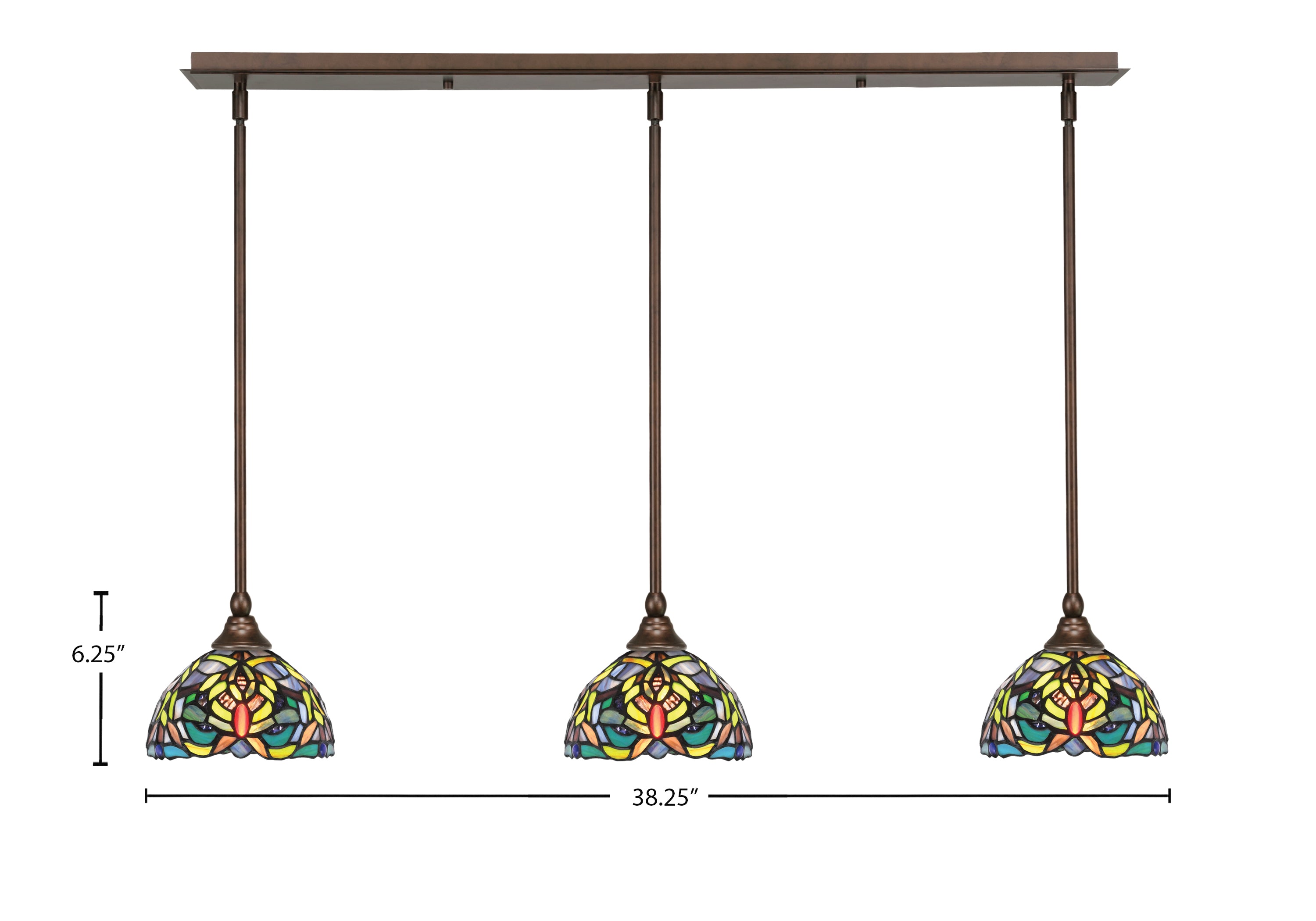 Any Three Light Linear Pendalier in Bronze with 7" Kaleidoscope Art Glass Shade
