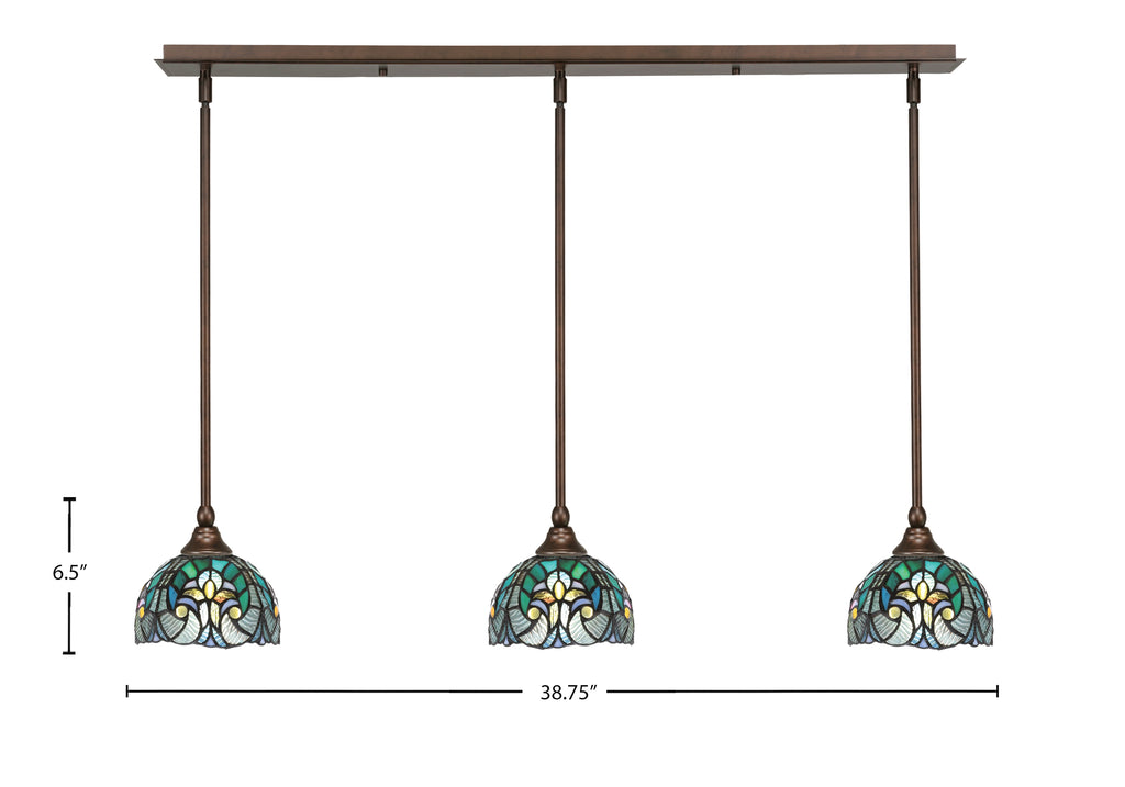 Any Three Light Linear Pendalier in Bronze with 7" Turquoise Cypress Art Glass Shade