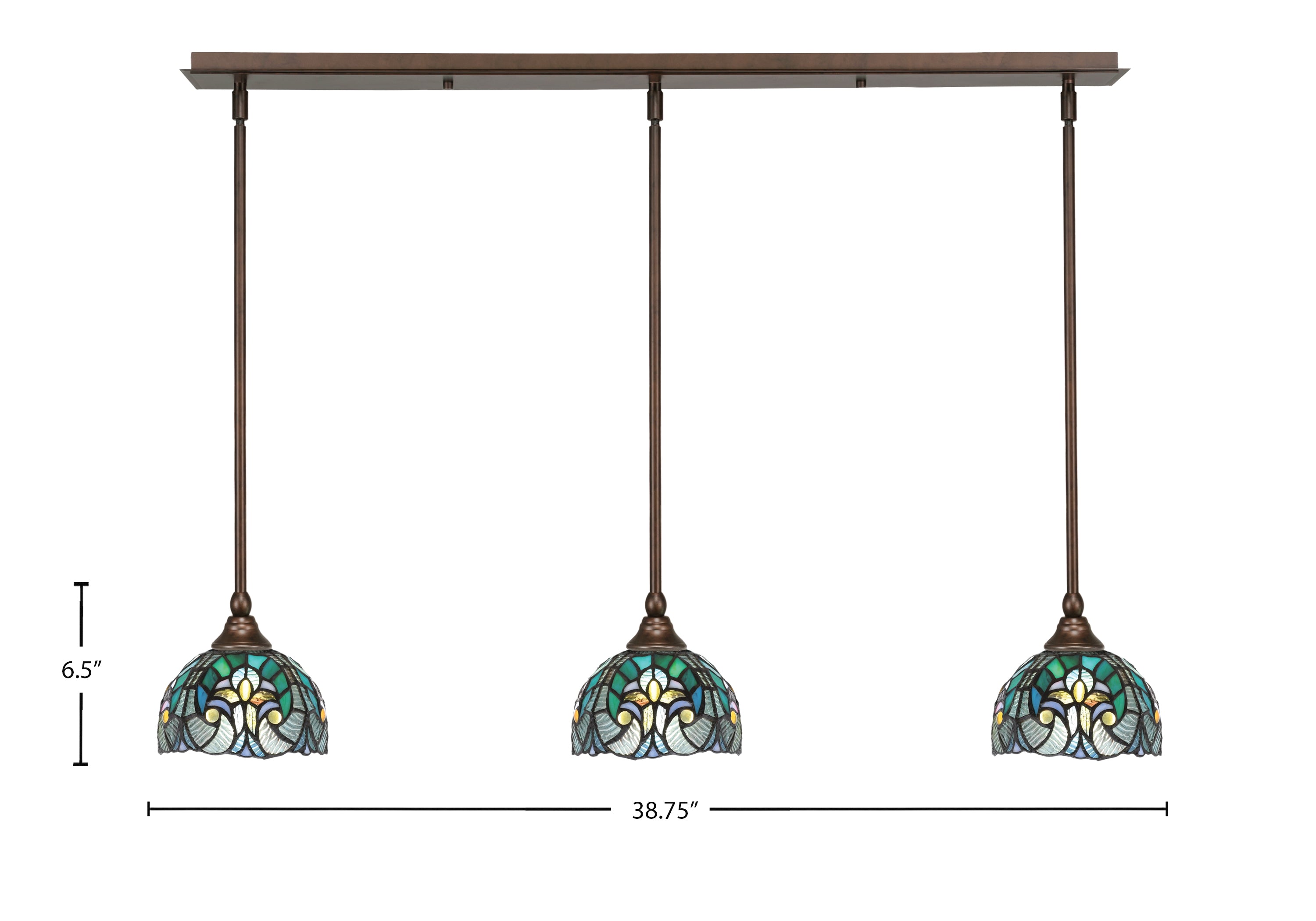 Any Three Light Linear Pendalier in Bronze with 7" Turquoise Cypress Art Glass Shade