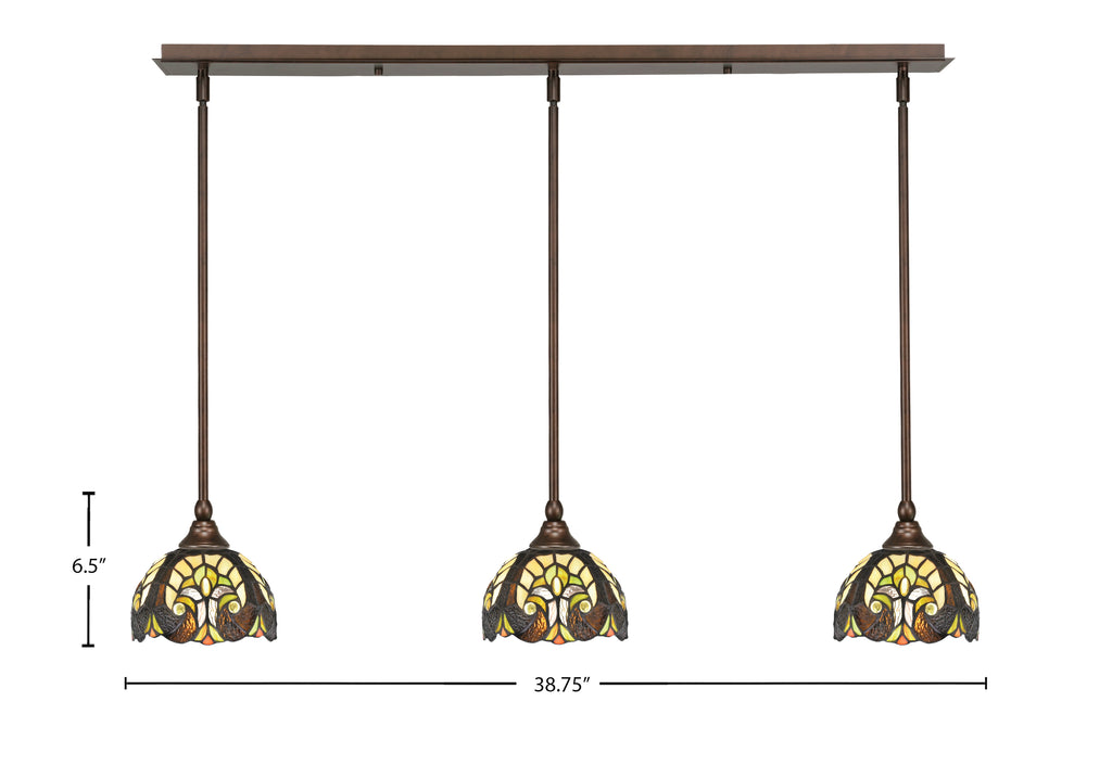 Any Three Light Linear Pendalier in Bronze with 7" Ivory Cypress Art Glass Shade