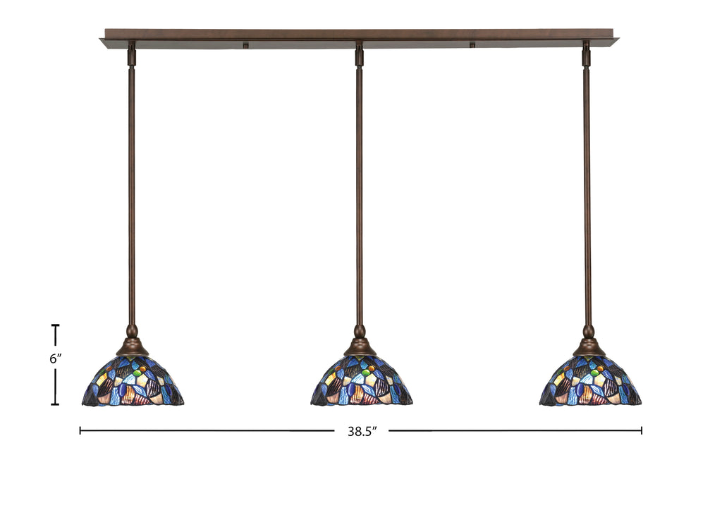 Any Three Light Linear Pendalier in Bronze with 7" Blue Mosaic Art Glass Shade