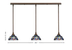 Any Three Light Linear Pendalier in Bronze with 7" Blue Mosaic Art Glass Shade