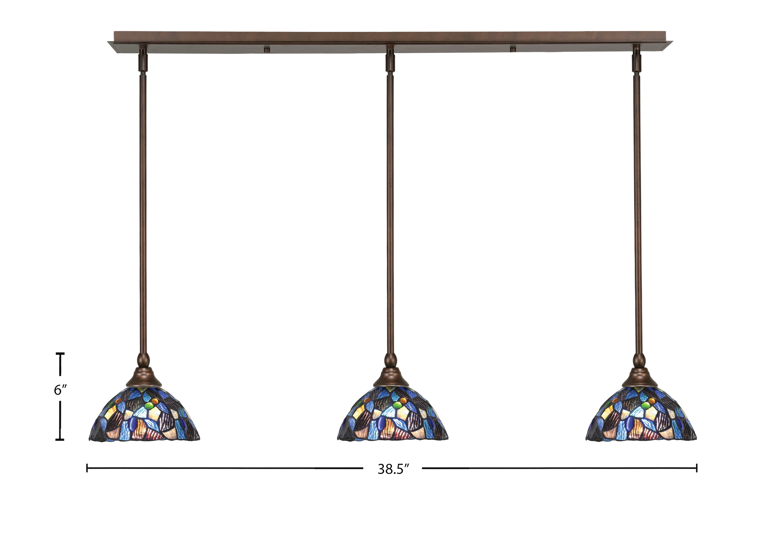 Any Three Light Linear Pendalier in Bronze with 7" Blue Mosaic Art Glass Shade