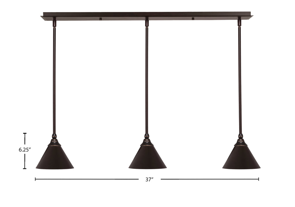 Any Three Light Linear Pendalier in Dark Granite with 7" Dark Granite Cone Metal Shade Shade