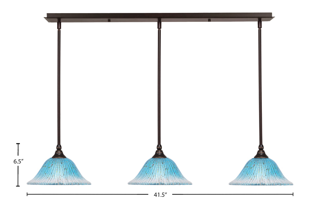 Any Three Light Linear Pendalier in Dark Granite with 10" Teal Crystal Shade
