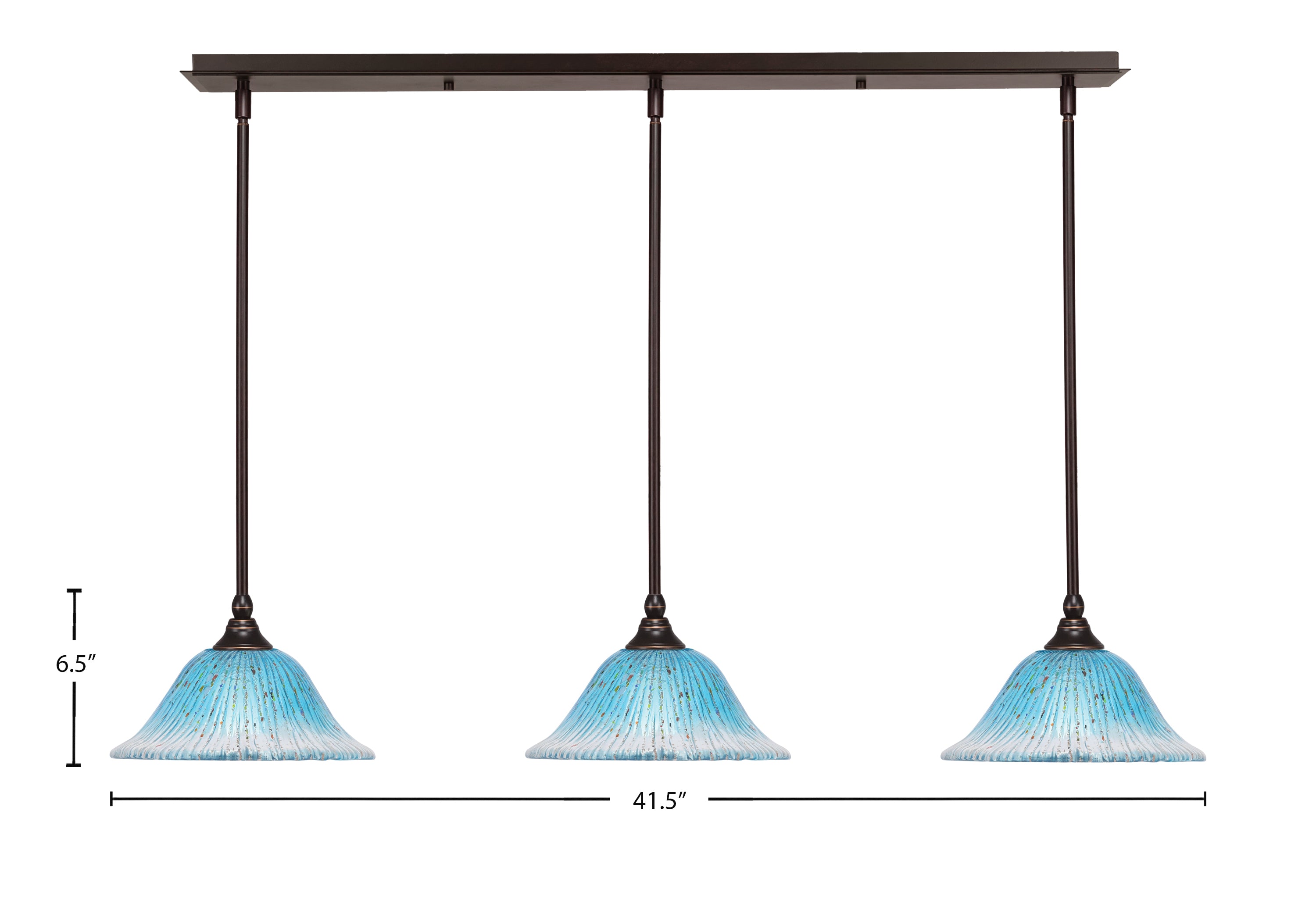 Any Three Light Linear Pendalier in Dark Granite with 10" Teal Crystal Shade