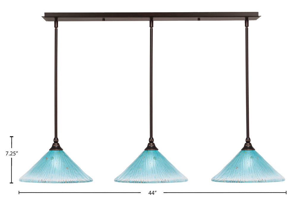 Any Three Light Linear Pendalier in Dark Granite with 12" Teal Crystal Shade