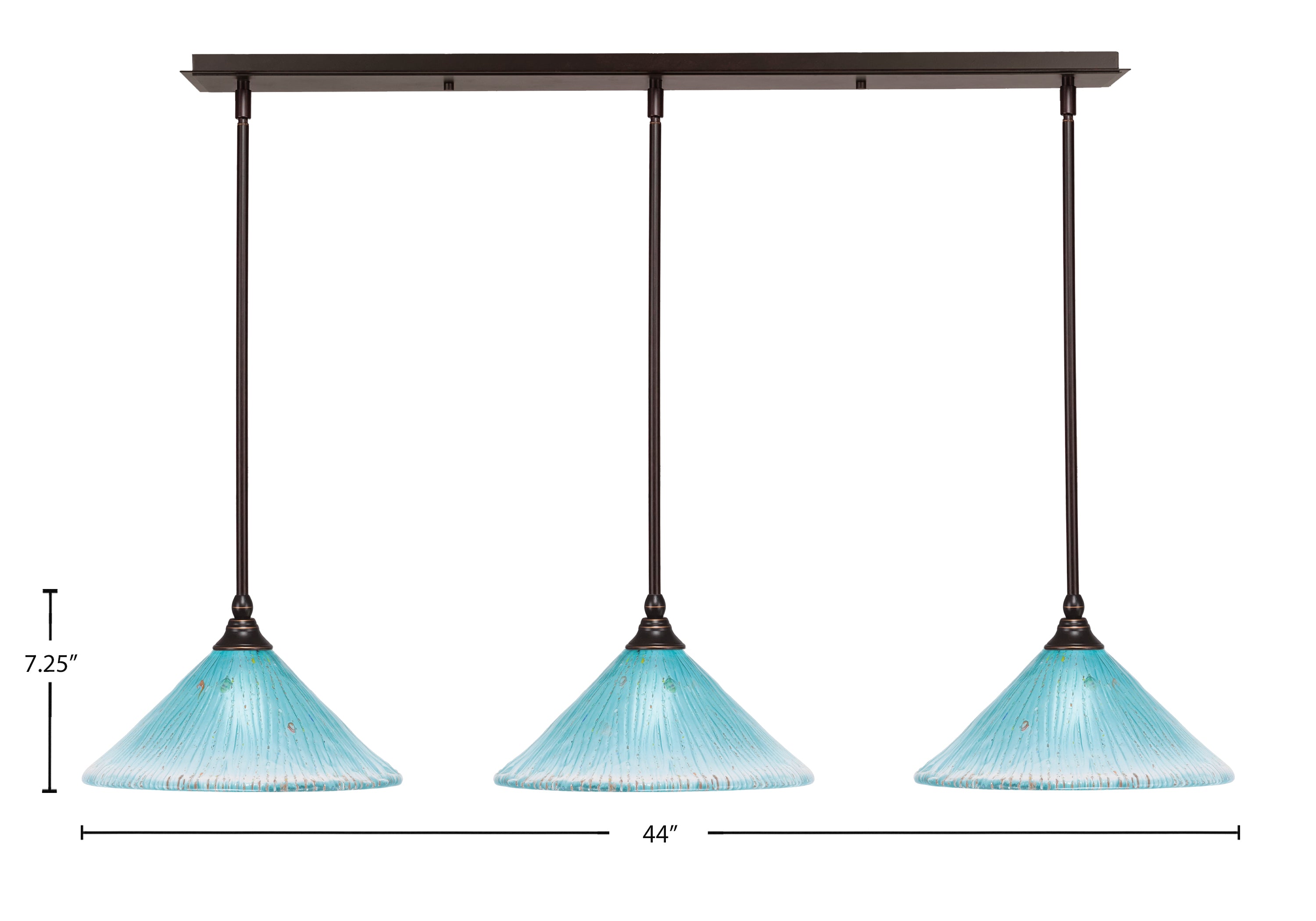 Any Three Light Linear Pendalier in Dark Granite with 12" Teal Crystal Shade