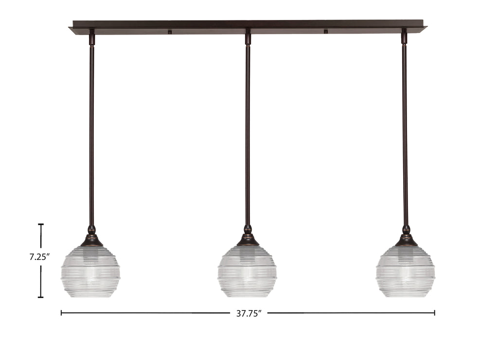 Stem Three Light Linear Pendalier in Dark Granite with Clear Ribbed Shade