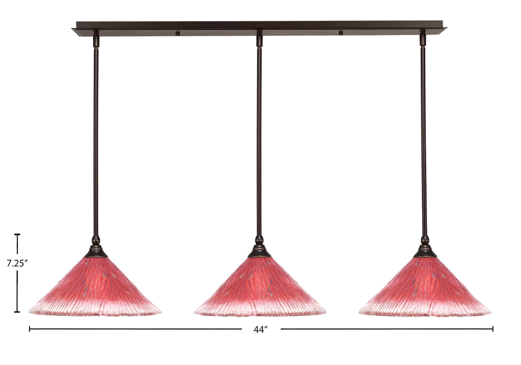 Any Three Light Linear Pendalier in Dark Granite with 12" Raspberry Crystal Shade