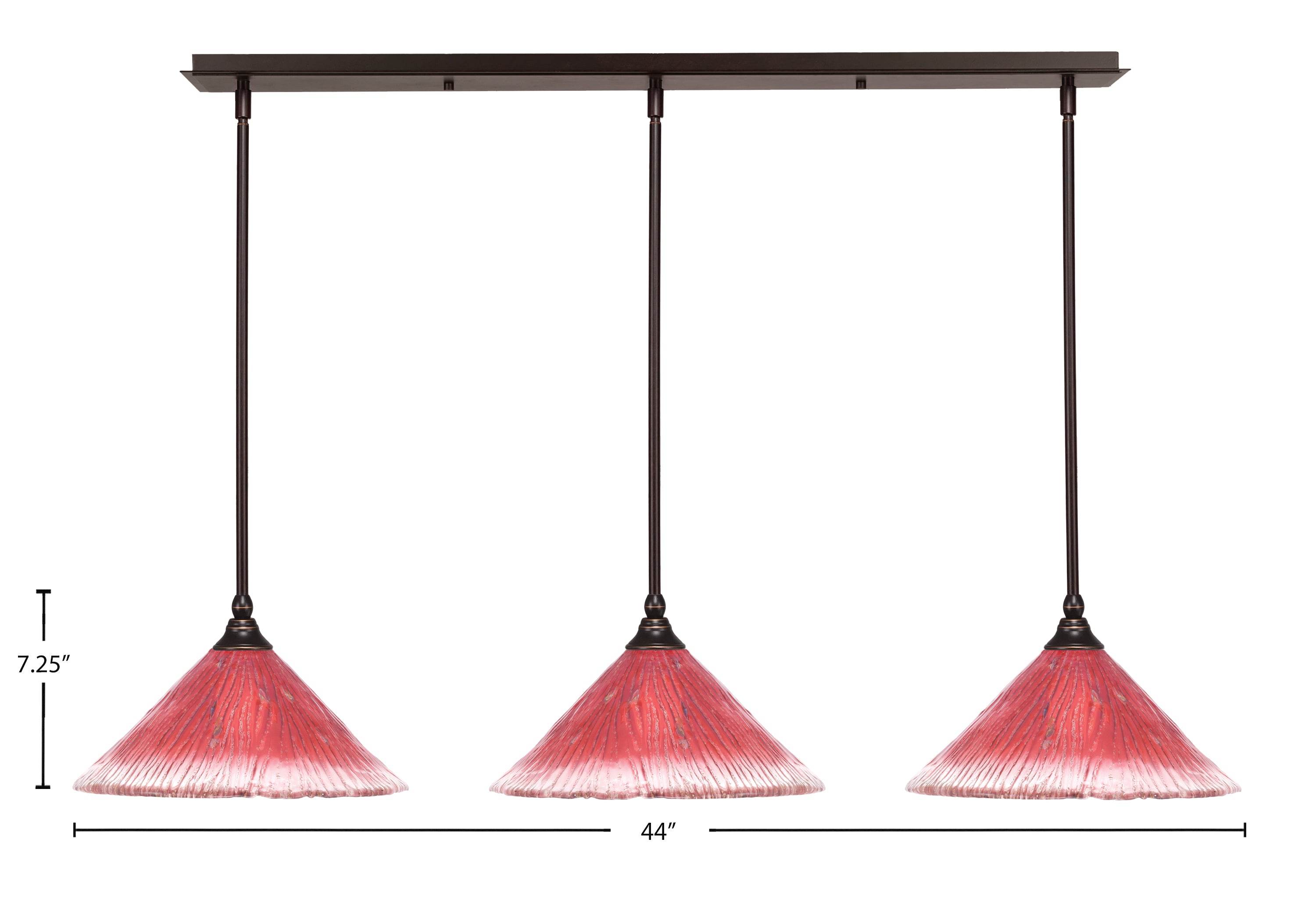 Any Three Light Linear Pendalier in Dark Granite with 12" Raspberry Crystal Shade