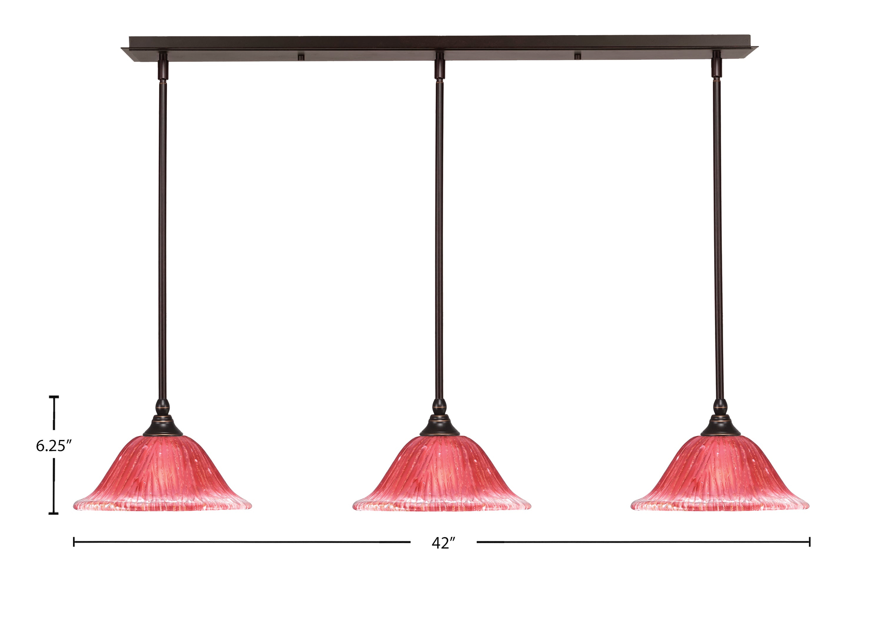 Any Three Light Linear Pendalier in Dark Granite with 10" Raspberry Crystal Shade