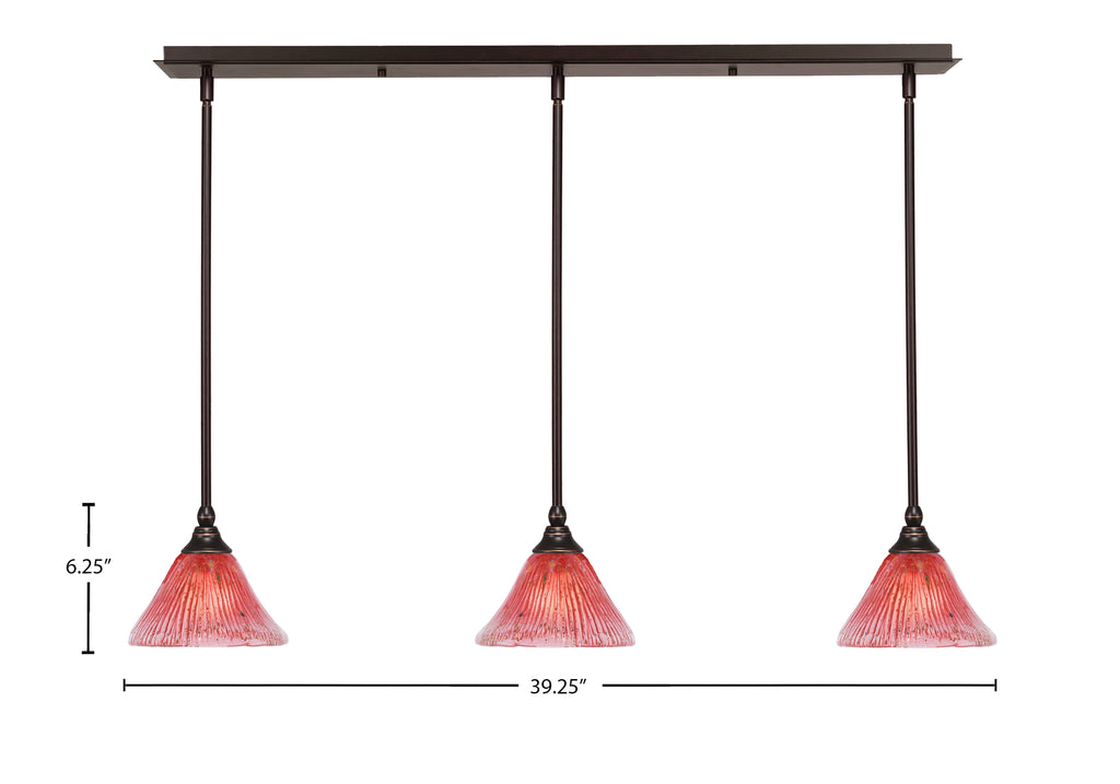 Any Three Light Linear Pendalier in Dark Granite with 7" Raspberry Crystal Shade