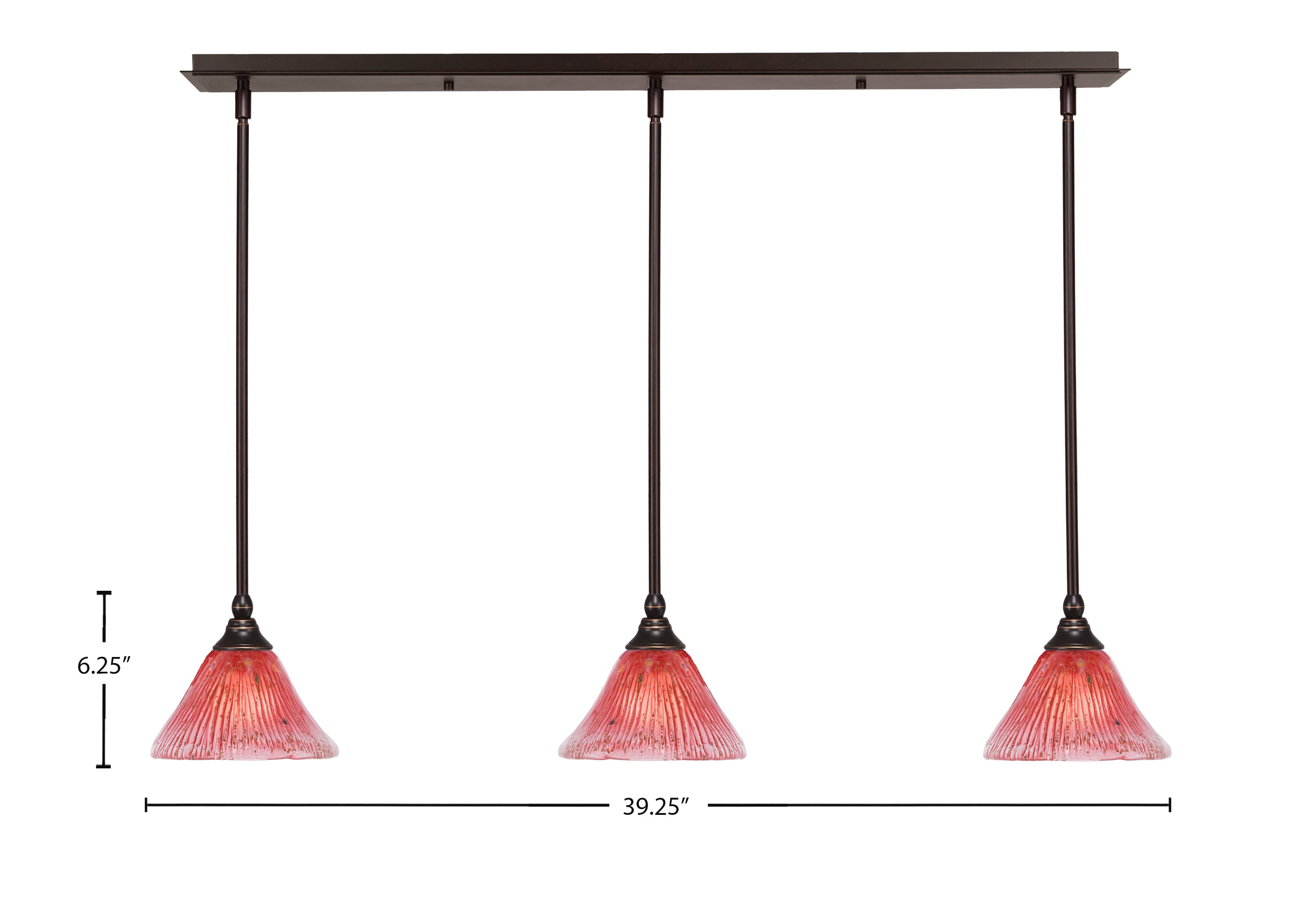 Any Three Light Linear Pendalier in Dark Granite with 7" Raspberry Crystal Shade