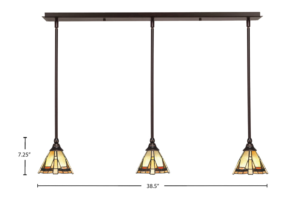 Stem Three Light Linear Pendalier in Dark Granite with Zion Art Glass Shade
