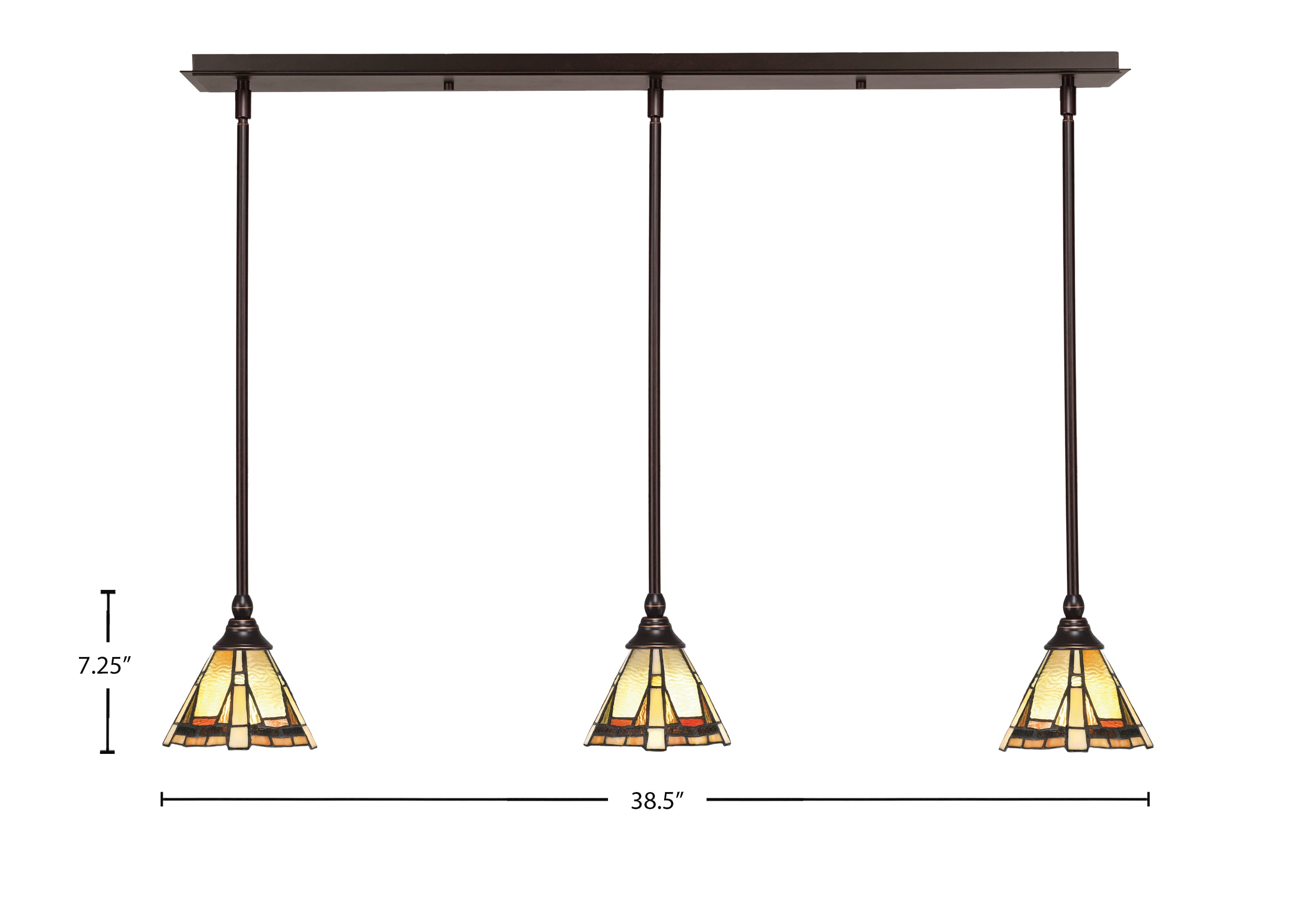 Stem Three Light Linear Pendalier in Dark Granite with Zion Art Glass Shade