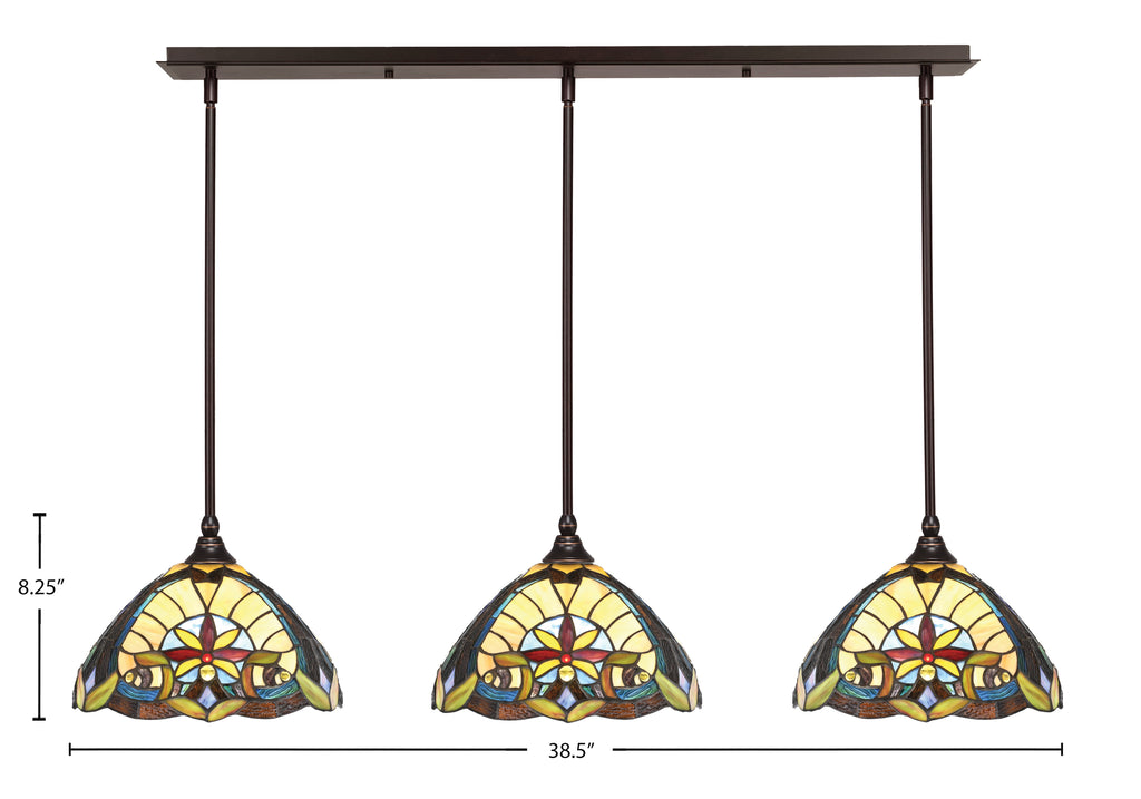Stem Three Light Linear Pendalier in Dark Granite with Earth Star Art Glass Shade
