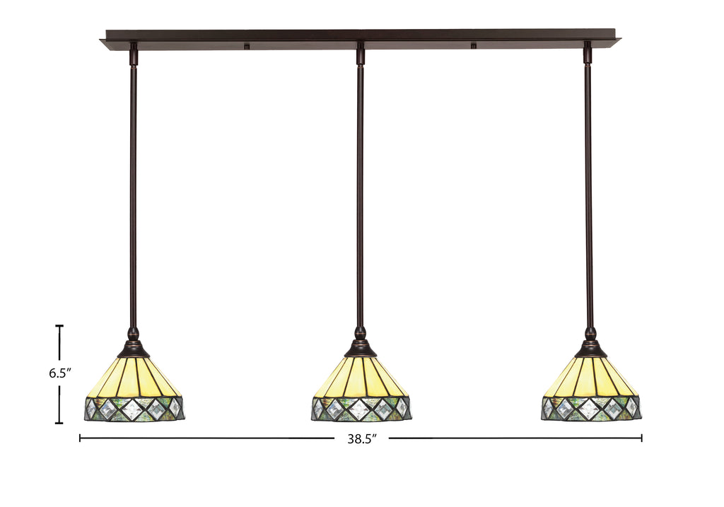 Stem Three Light Linear Pendalier in Dark Granite with Diamond Peak Art Glass Shade