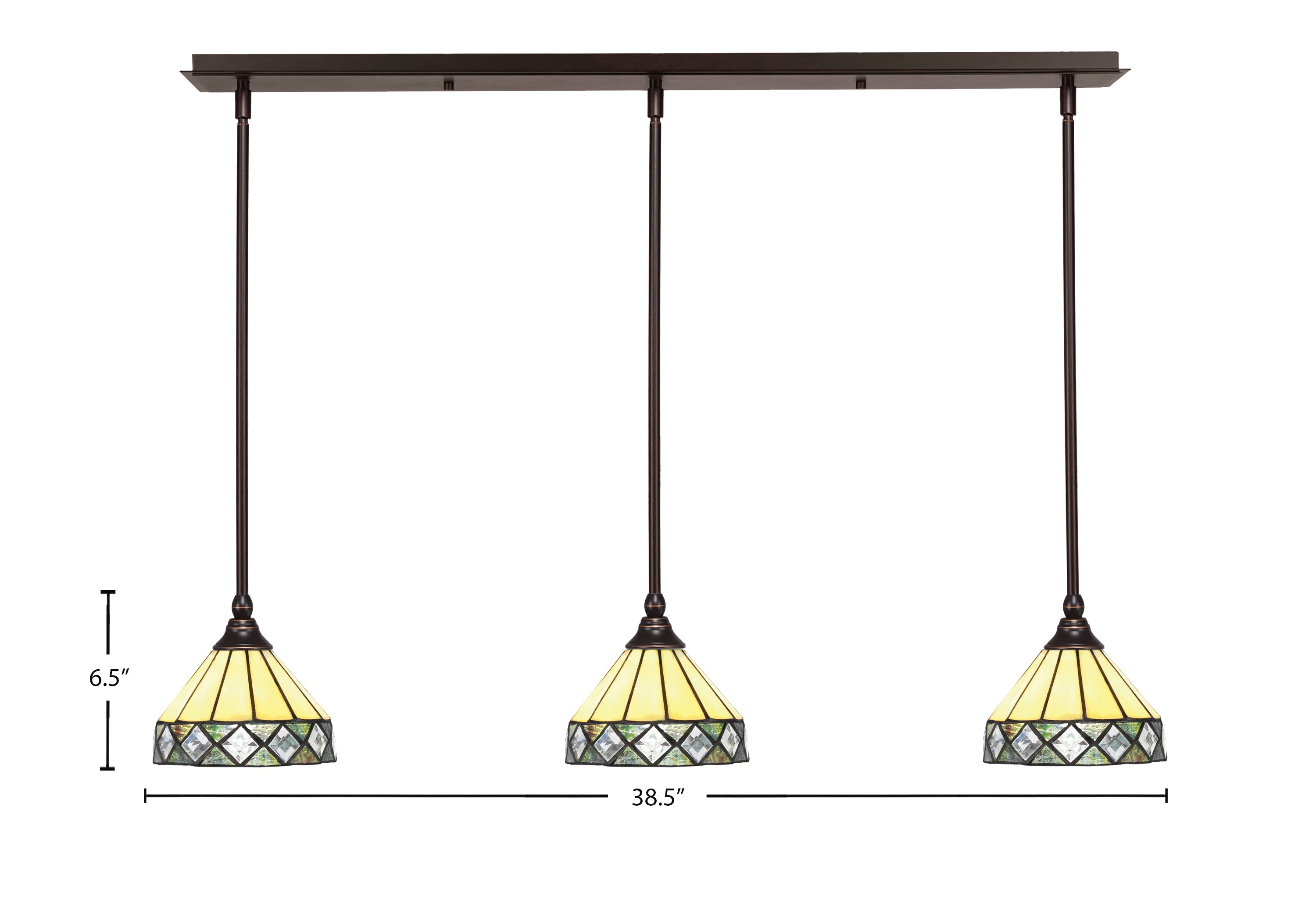 Stem Three Light Linear Pendalier in Dark Granite with Diamond Peak Art Glass Shade