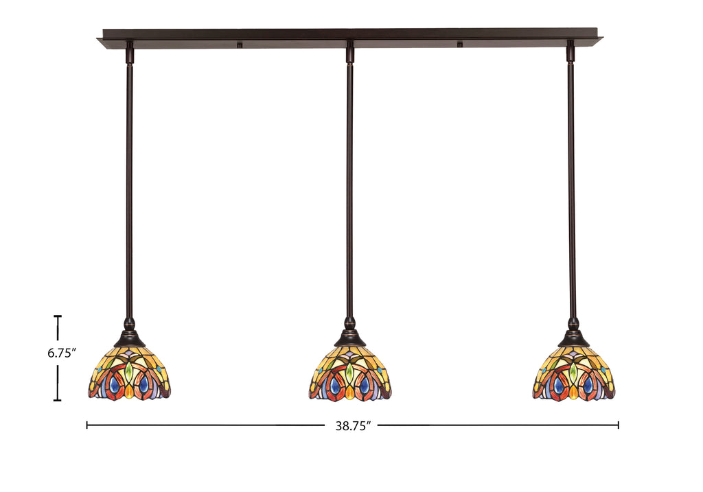 Stem Three Light Linear Pendalier in Dark Granite with Lynx Art Glass Shade