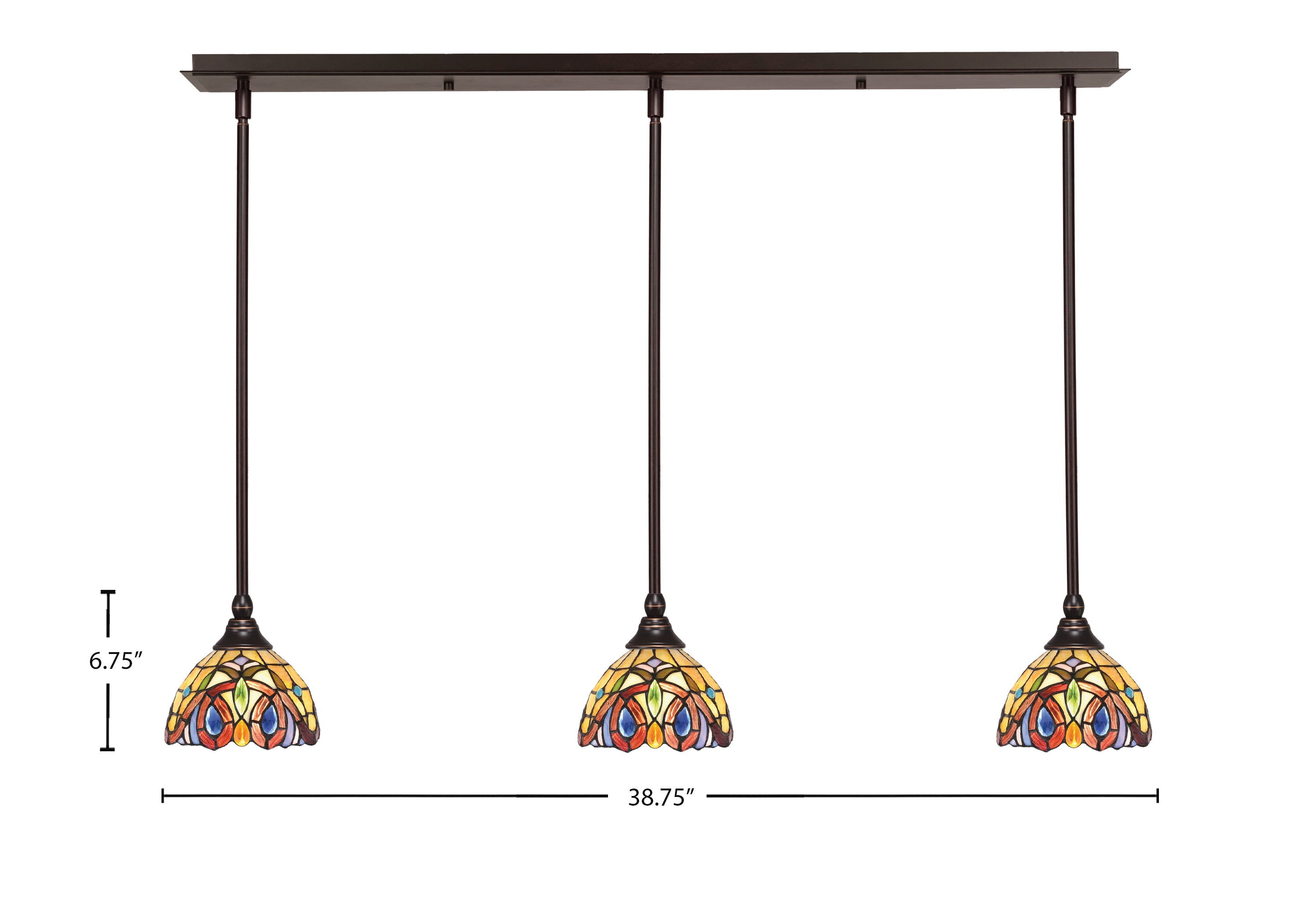 Stem Three Light Linear Pendalier in Dark Granite with Lynx Art Glass Shade
