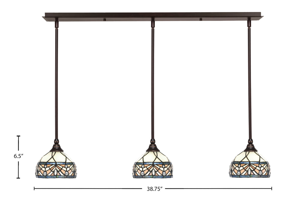 Any Three Light Linear Pendalier in Dark Granite with 7" Royal Merlot Art Glass Shade
