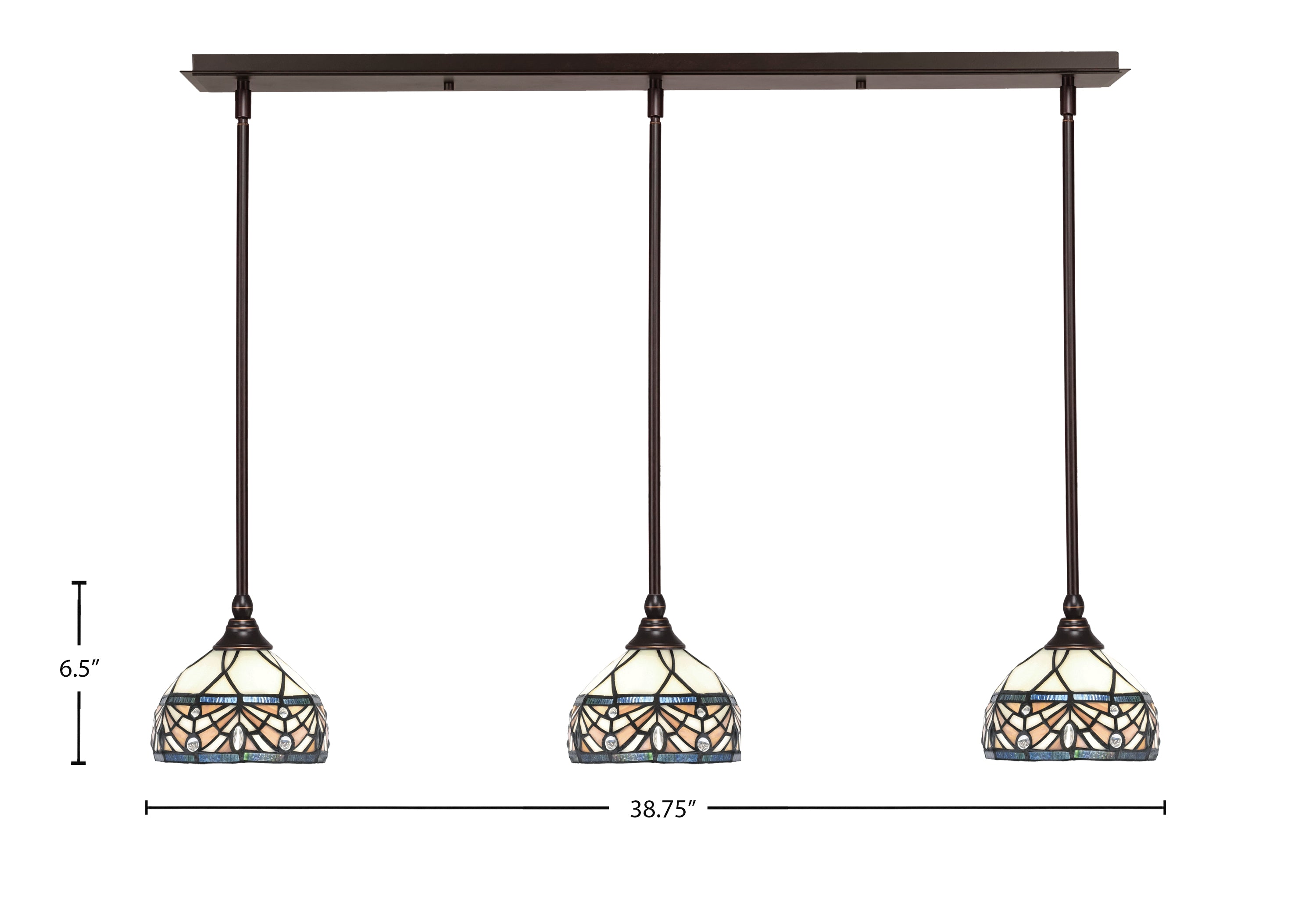 Any Three Light Linear Pendalier in Dark Granite with 7" Royal Merlot Art Glass Shade