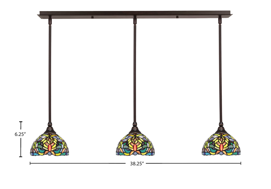 Any Three Light Linear Pendalier in Dark Granite with 7" Kaleidoscope Art Glass Shade