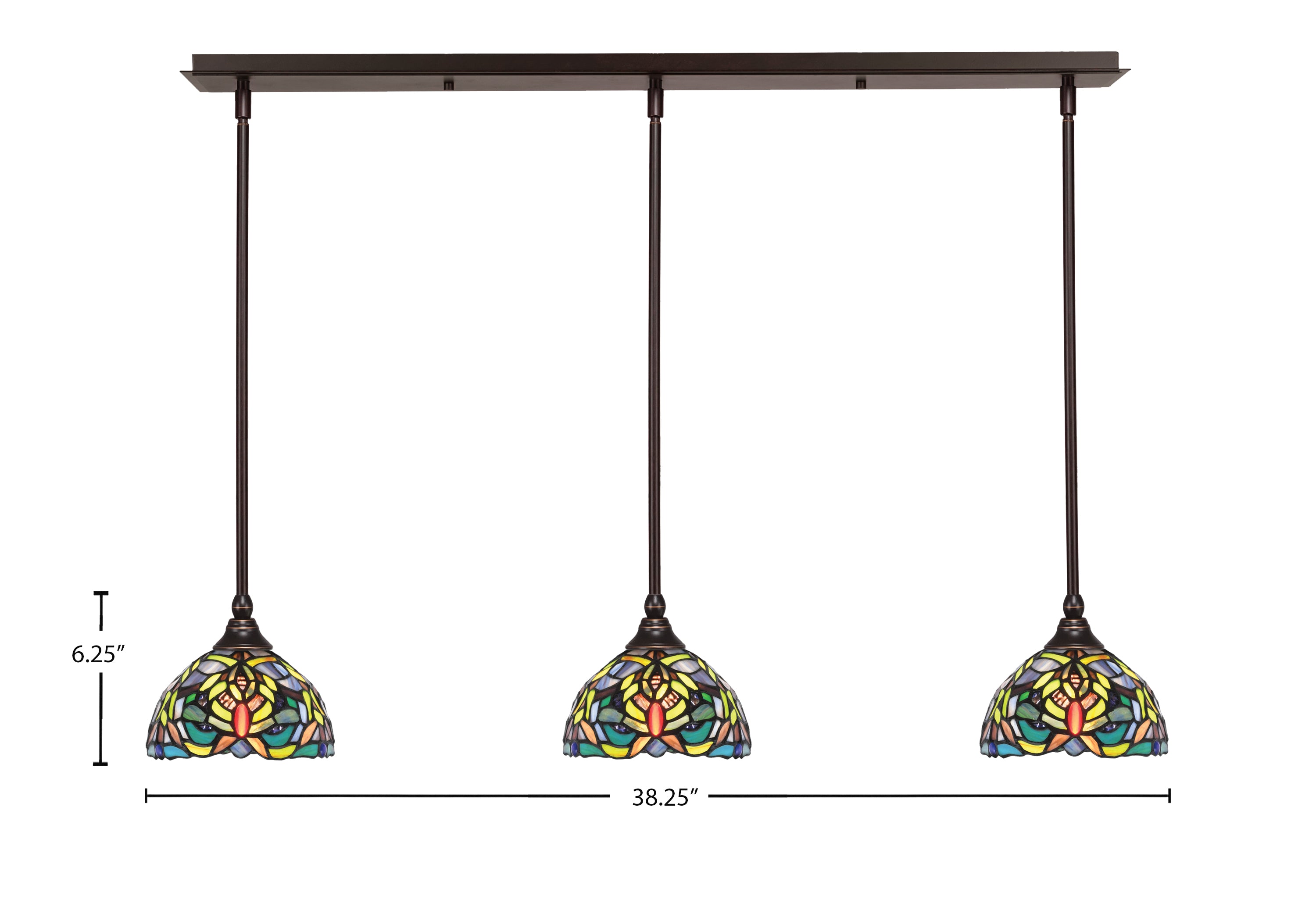 Any Three Light Linear Pendalier in Dark Granite with 7" Kaleidoscope Art Glass Shade