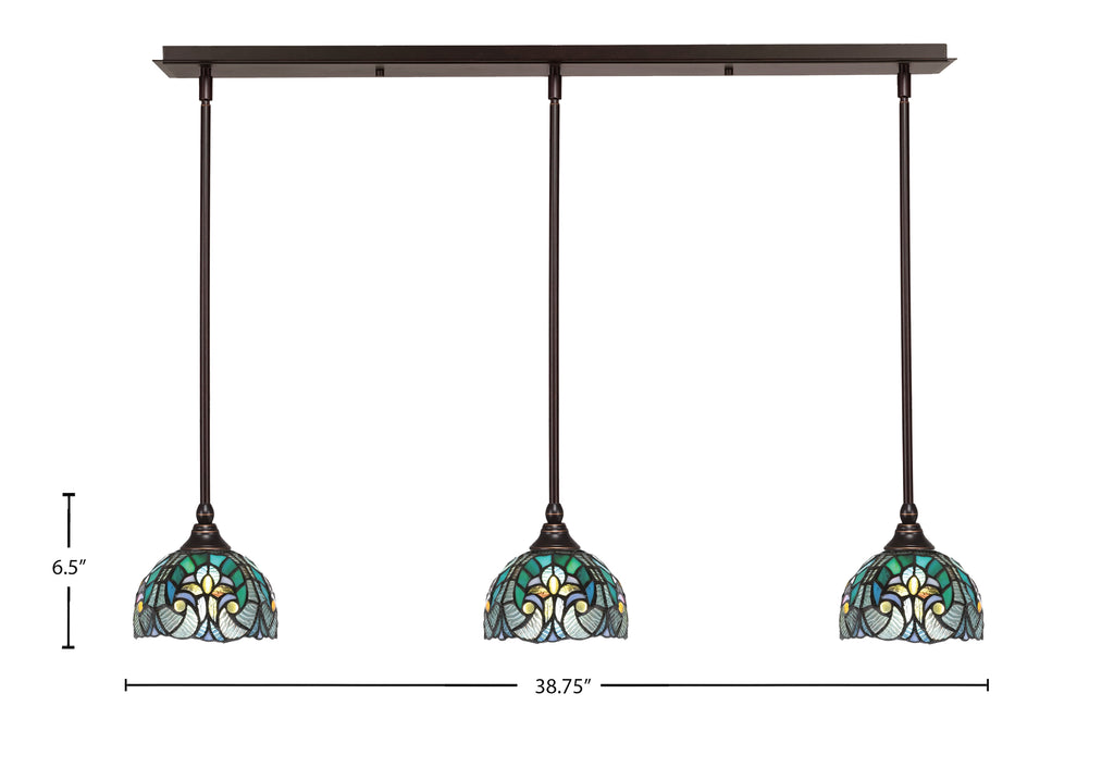 Any Three Light Linear Pendalier in Dark Granite with 7" Turquoise Cypress Art Glass Shade