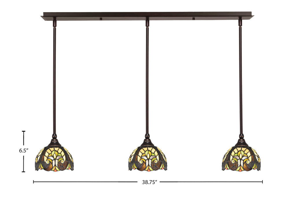 Any Three Light Linear Pendalier in Dark Granite with 7" Ivory Cypress Art Glass Shade