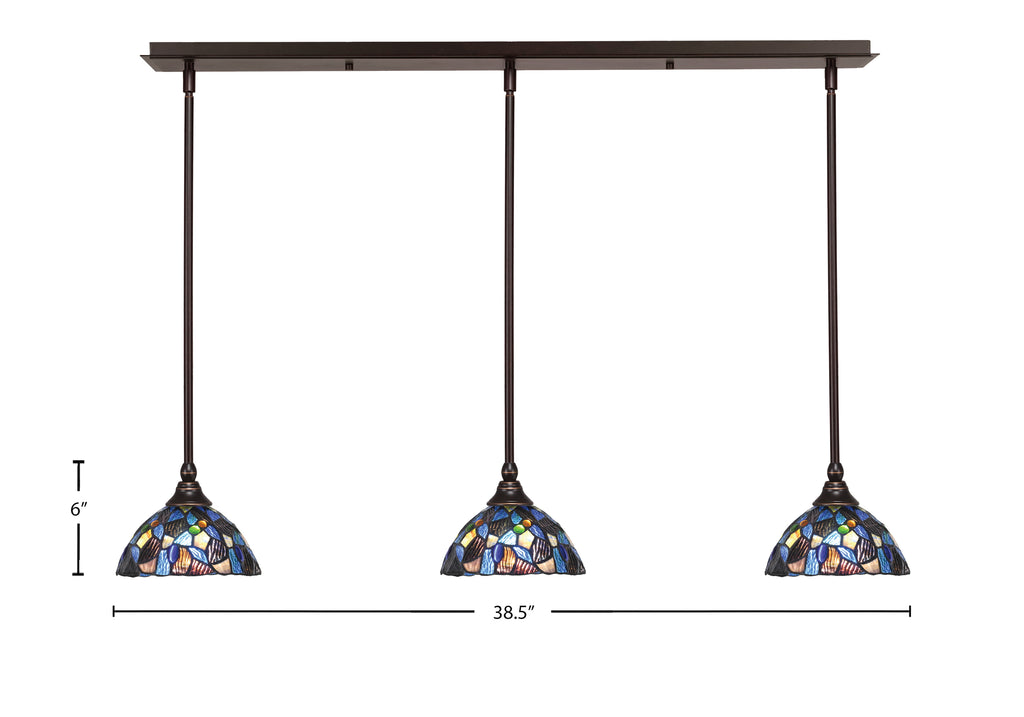 Any Three Light Linear Pendalier in Dark Granite with 7" Blue Mosaic Art Glass Shade